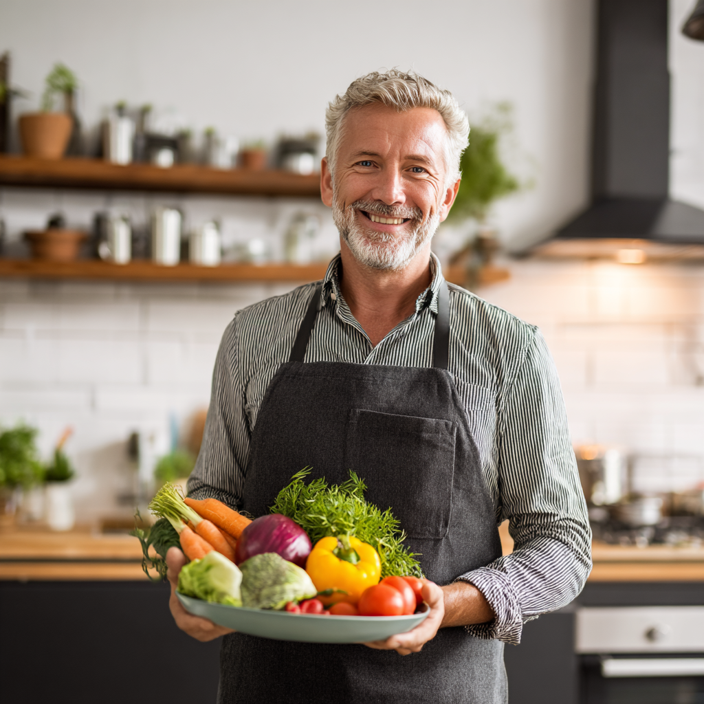 Чоловік 55 років з усмішкою тримає тарілку з здоровою їжею, овочами та фруктами, на сучасній кухні