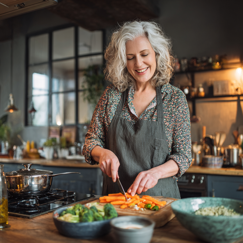 Жінка 58 років з посмішкою готує здорову страву з овочами на сучасній кухні, демонструючи задоволення від процесу приготування