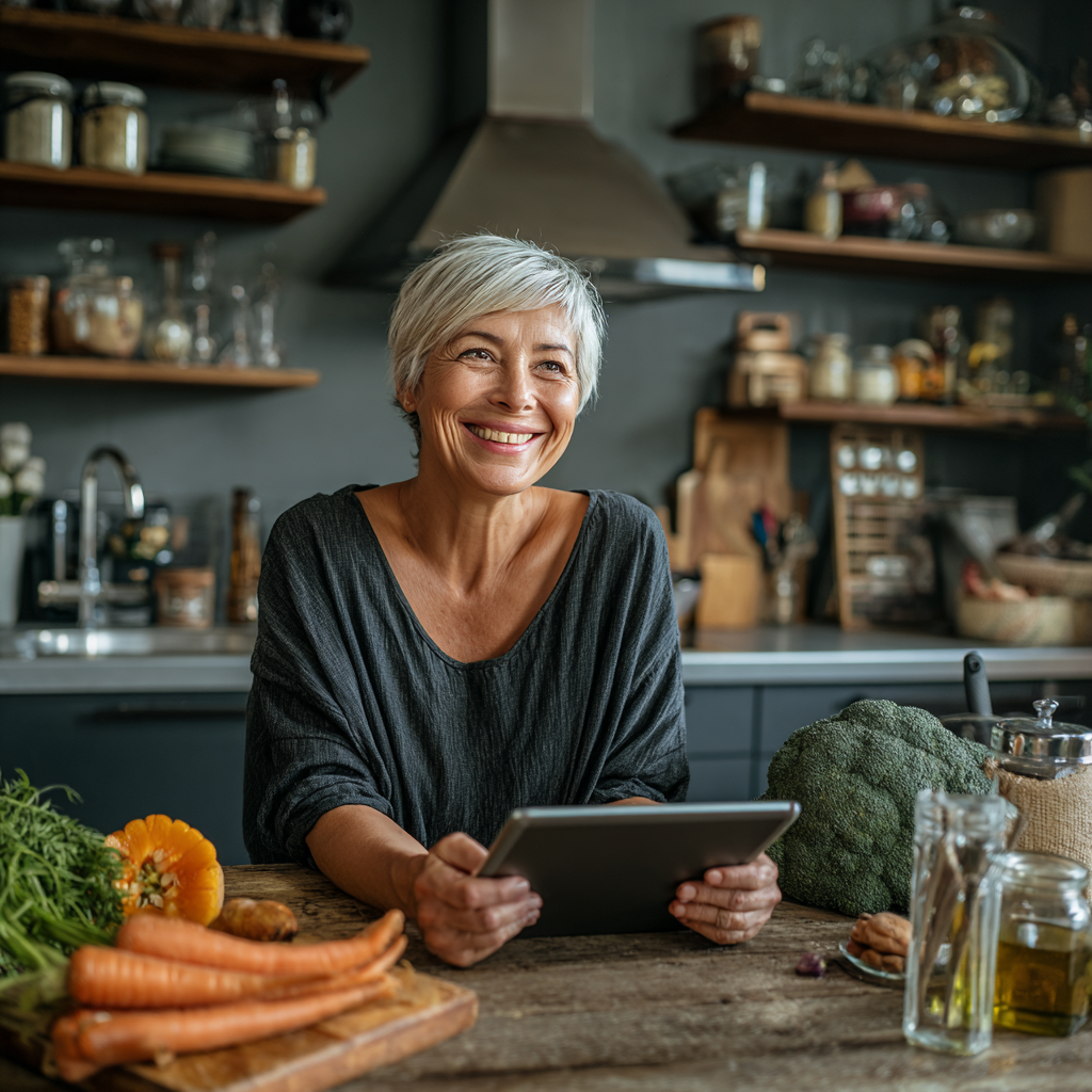 Жінка 62 років з посмішкою тримає планшет з додатком планування харчування, сидячи за кухонним столом з здоровими продуктами