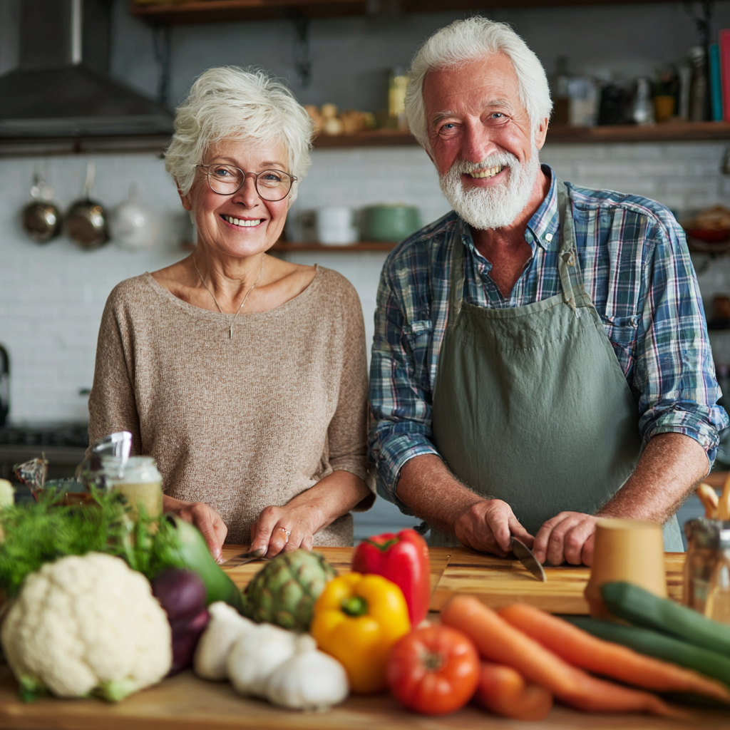 Пара у віці 55-60 років разом готує здорову їжу на кухні, посміхаючись та демонструючи командну роботу